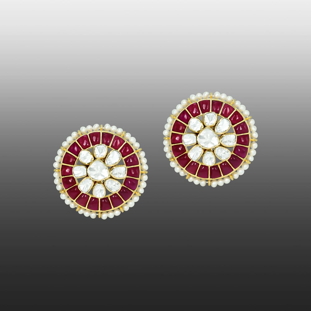 Ruby Coloured Talaf Studs with Polki Cluster and Pearl Detailing